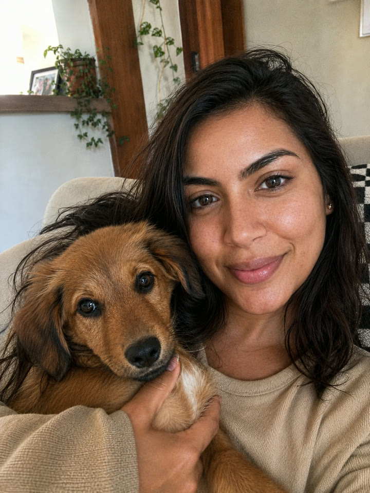 Marcela com seu filhote no colo