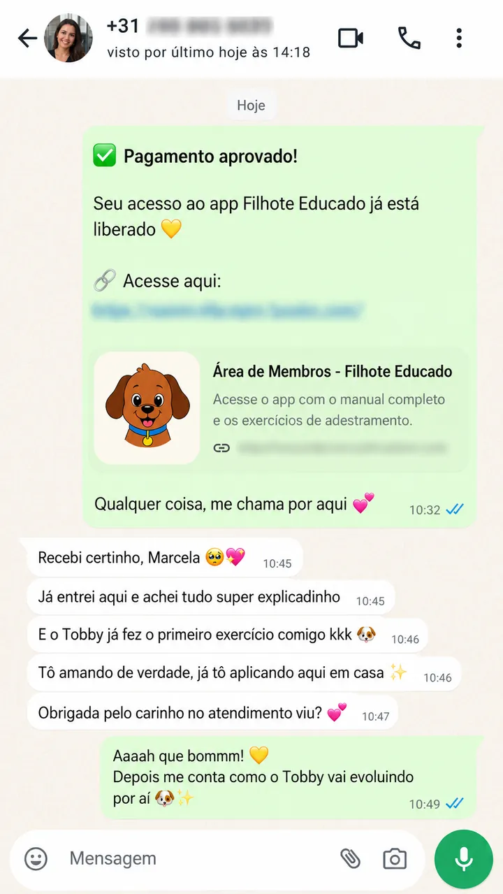 Cliente confirmando acesso liberado e já aplicando o primeiro exercício