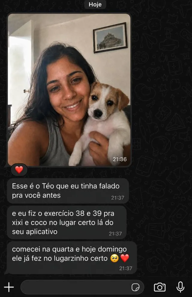 Print de WhatsApp de uma tutora contando o resultado com o filhote