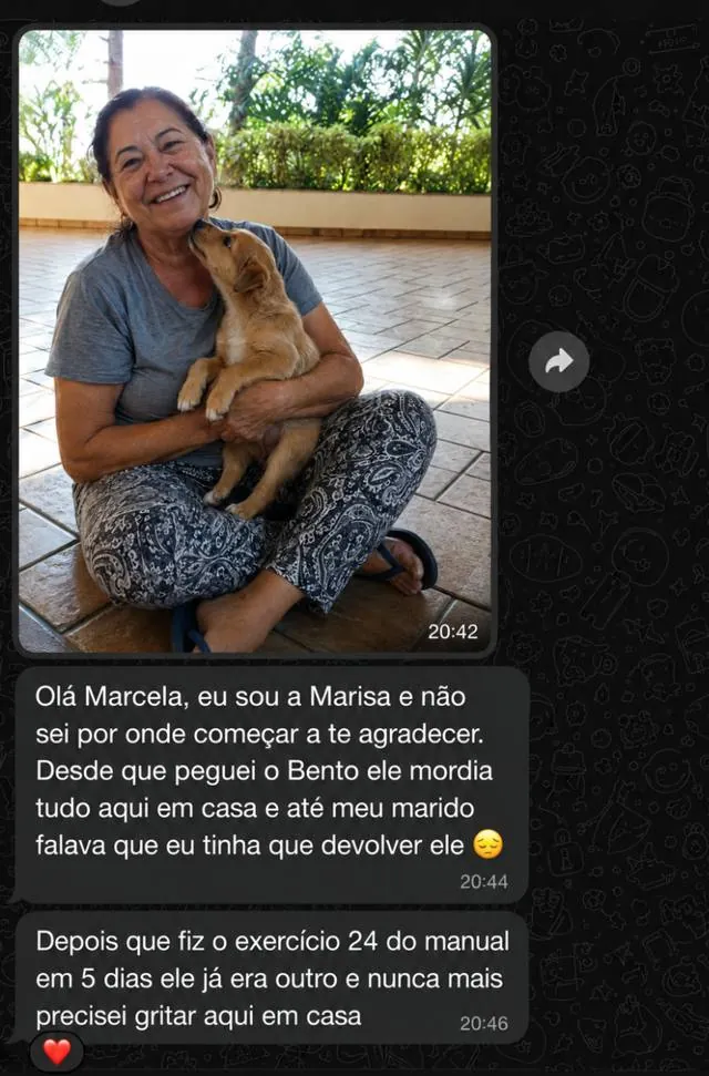 Print de WhatsApp de uma tutora contando o resultado com o filhote